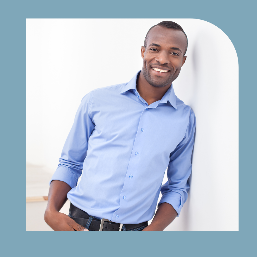 An image of a calm and happy man in a button down work shirt shown on strengthen.org.uk's website as part of the After Burnout coaching programme landing page