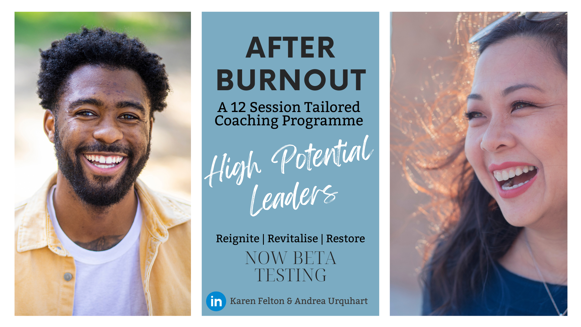 After Burnout Programme Information A picture of a man and woman relaxed and happy with text about a coaching programme for high potential leaders returning to work after burnout