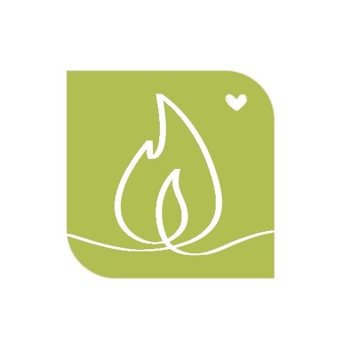 The Strengthen App A white background with green square leaf shape. A white flame image and small heart are inside the green leaf shape